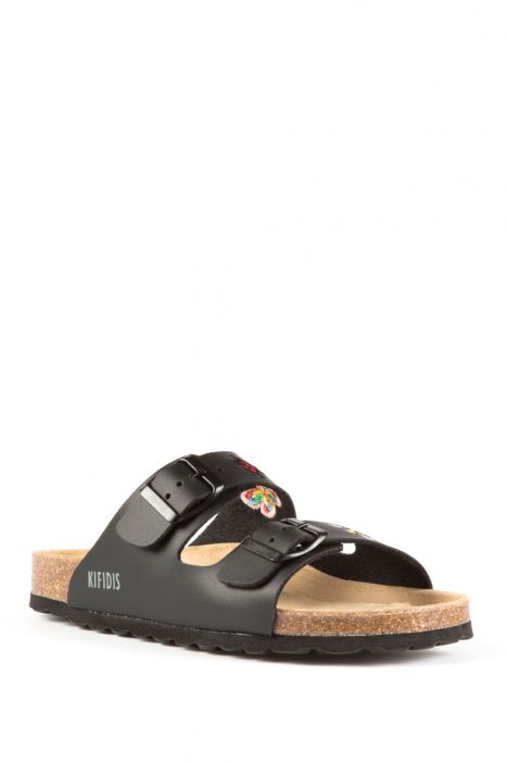 10260 Ch-Kifidis Soft Step Kadın Çift Bantlı Mantar Terlik 36-42 Black Bordado