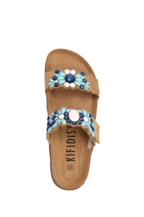 13335 Ch-Kifidis Kadın Terlik 36-41 Bej-Mavi / Beige-Blue