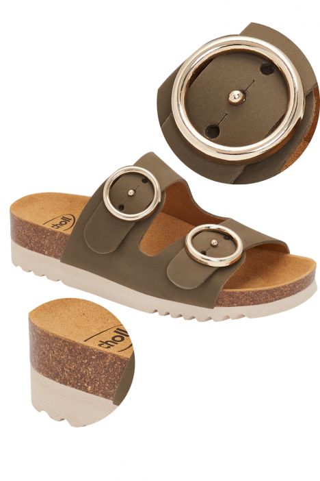 29319 Scholl Malibu 2 Staps Kadın Çift Bantlı Tokalı Mantar Terlik 36-40 Haki/Olive