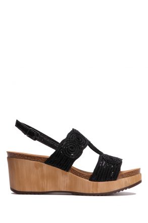 29894 Scholl Sabaudia Sandal Kadın Dolgu Topuklu Mantar Sandalet 36-40 Siyah / Black