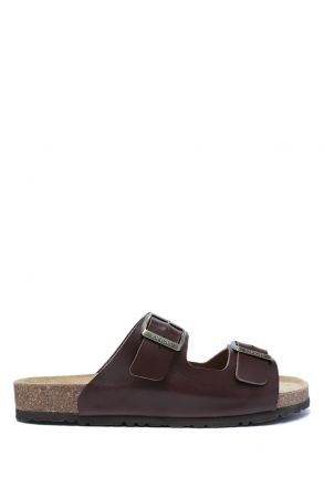 K0765DE Kifidis Soft Step Erkek Çift Bantlı Deri Mantar Terlik 40-46 Koyu Kahve Deri