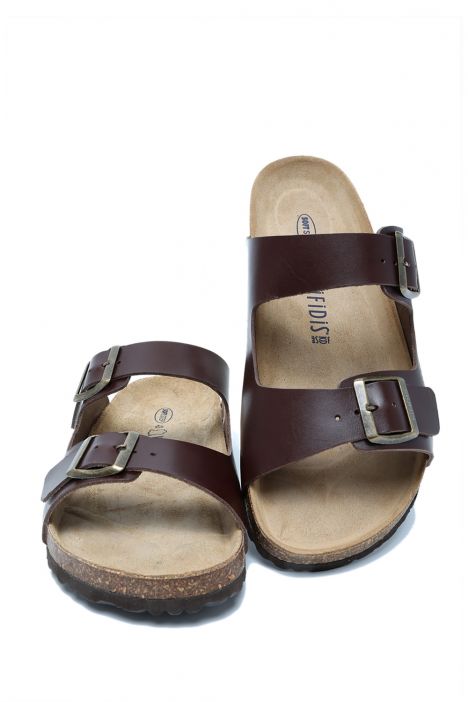 K0765DE Kifidis Soft Step Erkek Çift Bantlı Deri Mantar Terlik 40-46 Koyu Kahve Deri