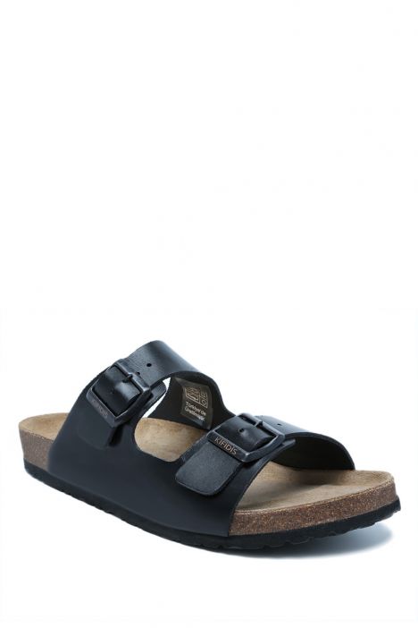 K0765DE Kifidis Soft Step Erkek Çift Bantlı Deri Mantar Terlik 40-46 Siyah Deri