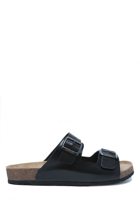 K0765DE Kifidis Soft Step Erkek Çift Bantlı Deri Mantar Terlik 40-46 Siyah Deri