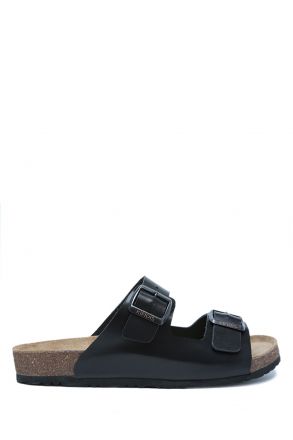 K0765DE Kifidis Soft Step Erkek Çift Bantlı Deri Mantar Terlik 40-46 Siyah Deri