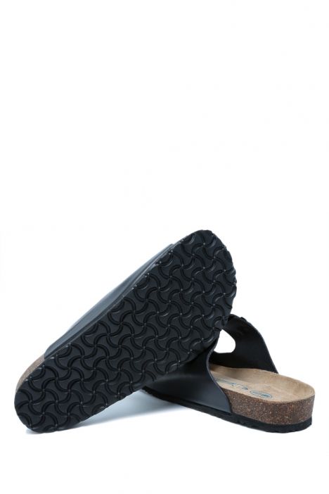 K0765DE Kifidis Soft Step Erkek Çift Bantlı Deri Mantar Terlik 40-46 Siyah Deri