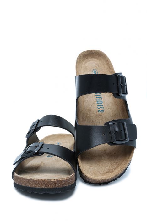 K0765DE Kifidis Soft Step Erkek Çift Bantlı Deri Mantar Terlik 40-46 Siyah Deri
