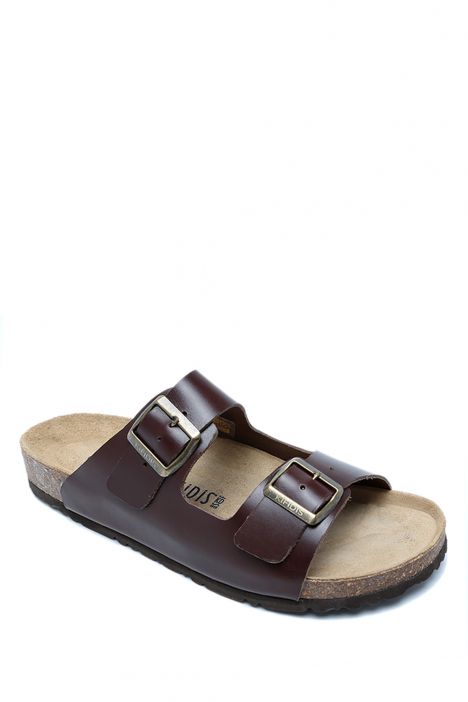 K0765DE Kifidis Soft Step Erkek Çift Bantlı Deri Mantar Terlik 40-46 Koyu Kahve Deri