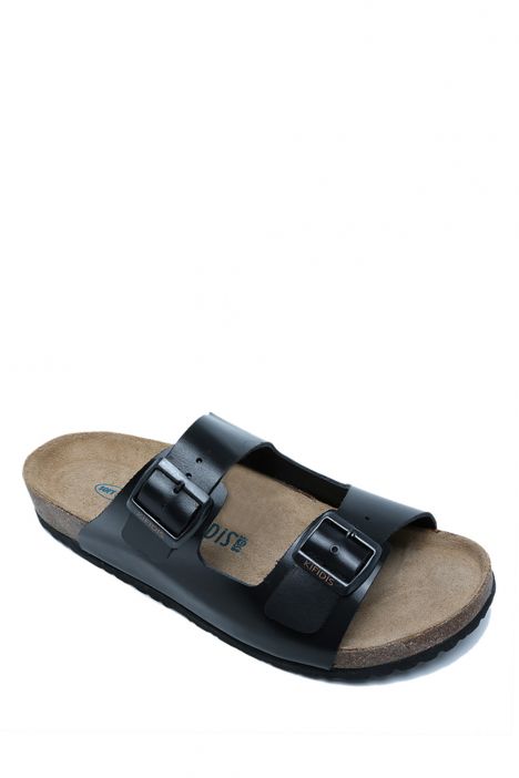 K0765DE Kifidis Soft Step Erkek Çift Bantlı Deri Mantar Terlik 40-46 Siyah Deri