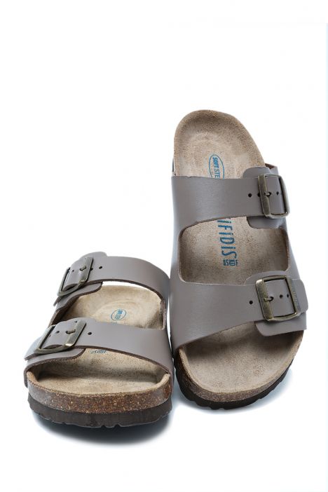 K10260DK Kifidis Soft Step Kadın Çift Bantlı Deri Mantar Terlik 36-41 Koyu Vizon Deri