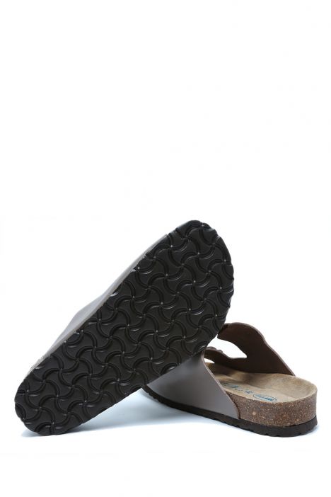 K10260DK Kifidis Soft Step Kadın Çift Bantlı Deri Mantar Terlik 36-41 Koyu Vizon Deri