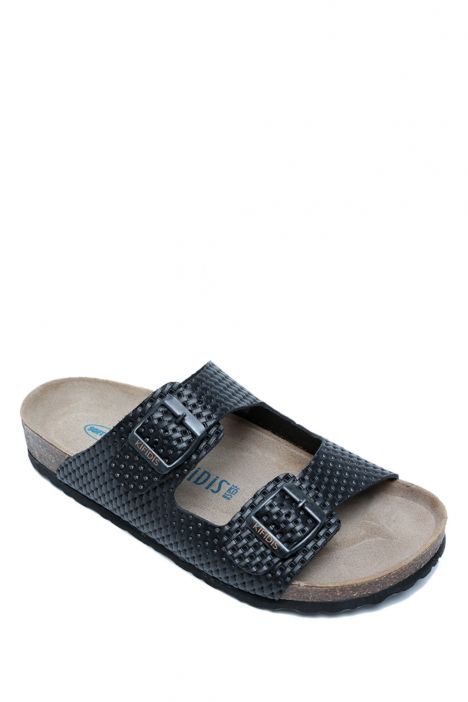 K10260DK Kifidis Soft Step Kadın Çift Bantlı Deri Mantar Terlik 36-41 Siyah Hasır Deri