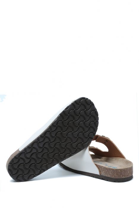 K10260DK Kifidis Soft Step Kadın Çift Bantlı Deri Mantar Terlik 36-41 Kırık Beyaz Deri