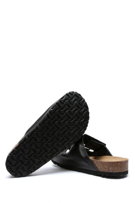 K10263DK Kifidis Soft Step Çift Bantlı Kadın Mantar Terlik 36-41 Siyah Deri