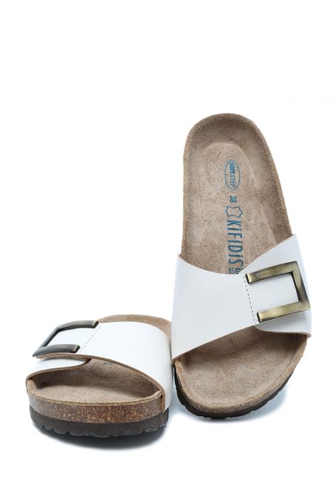 K10280DK Kifidis Soft Step Kadın Deri Mantar Terlik 36-41 Kırık Beyaz Deri