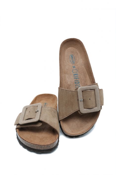 K13664 Kifidis Soft Step Kadın Tek Bantlı Mantar Terlik 36-41 Tan/Vizon Süet