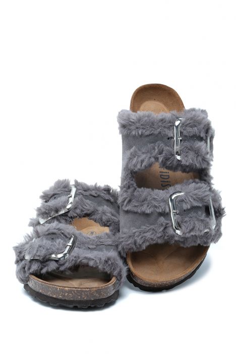 K14766SD Kifidis Soft Step Kadın Çift Bantlı Süet Deri Sabo Mantar Terlik 36-41 Gri/Grey
