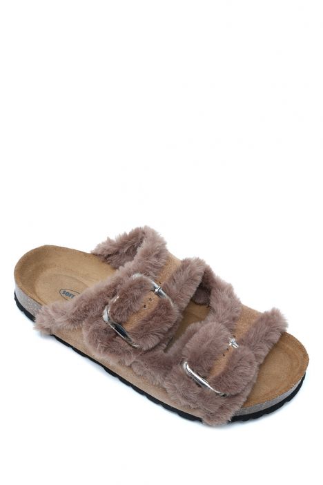 K14766SD Kifidis Soft Step Kadın Çift Bantlı Süet Deri Sabo Mantar Terlik 36-41 Kahverengi/Brown
