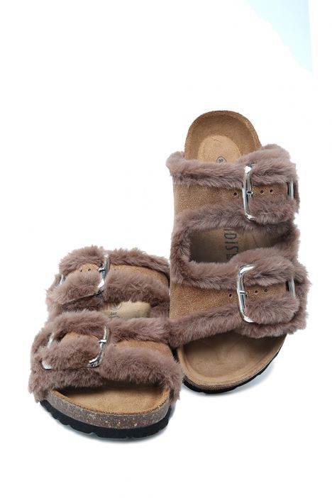 K14766SD Kifidis Soft Step Kadın Çift Bantlı Süet Deri Sabo Mantar Terlik 36-41 Kahverengi/Brown