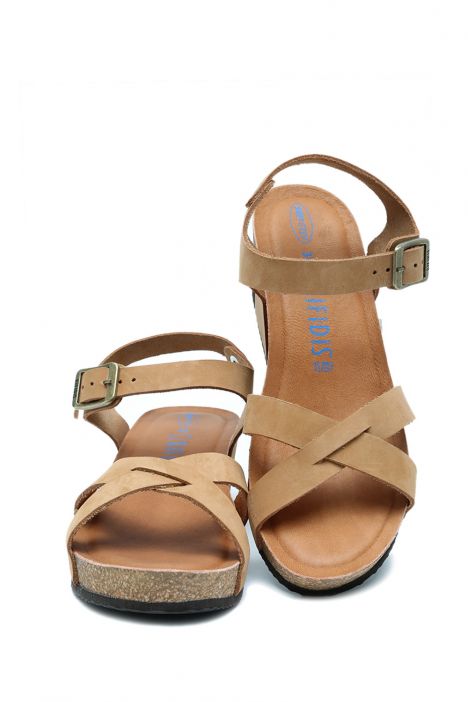 K15009 Kifidis Soft Step Kadın Dolgu Topuklu Mantar Sandalet 36-41 Camel/Kahve