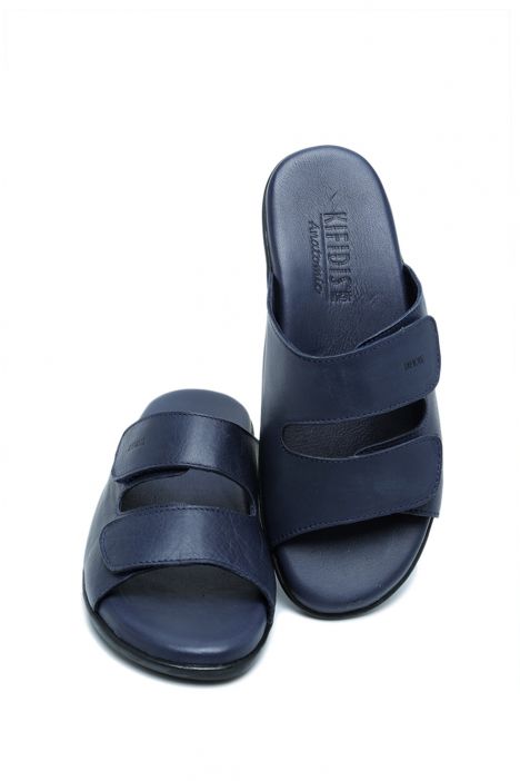 K1992-124 V2 Kifidis Kadın Çift Bantlı Anatomik Deri Terlik 36-41 Lacivert Deri