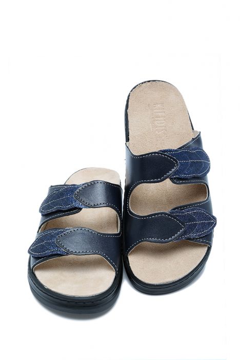 K46 Kifidis Italy Anatomik Çift Bantlı Kadın Deri Terlik 36-41 Pelle N.-Glitter Blue/Lacivert