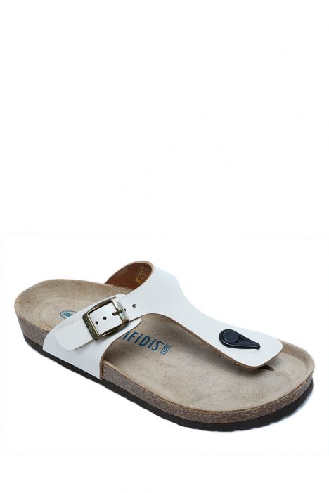 K8871DK Kifidis Soft Step Kadın Parmak Arası Deri Mantar Terlik 36-41 Kırık Beyaz Deri