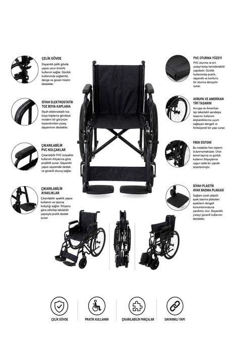 KY903-46 Kifidis Ayak-Kolçakları Çıkarılabilen Malül Arabası Siyah / Black