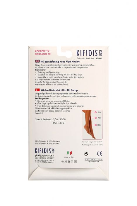 Kifidis 40 Den. 8-10 mmHg Diz Altı Varis Çorabı Duman Nefti