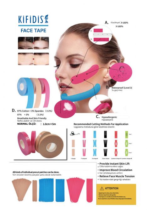 Kifidis Yüz Germe Bandı 1cm x 5m (İkili Paket) Mavi / Blue