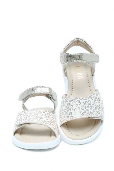 S24V026 Kifidis-Kids Kız Çocuk Deri Sandalet 24-30 Altın Leopar Desenli