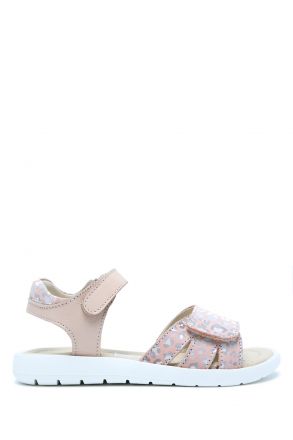 S24V026 Kifidis-Kids Kız Çocuk Deri Sandalet 24-30 Pudra Leopar Desenli