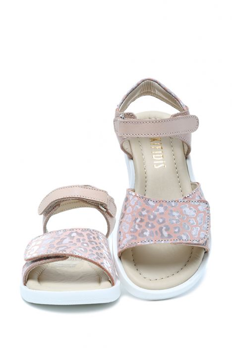 S24V026 Kifidis-Kids Kız Çocuk Deri Sandalet 24-30 Pudra Leopar Desenli