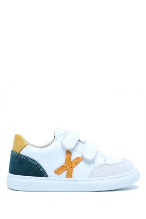 S24V031 Kifidis-Kids Unisex Çocuk Deri Ayakkabı 25-35 Beyaz - Turuncu Deri