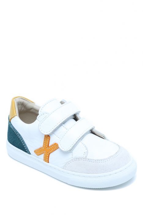 S24V031 Kifidis-Kids Unisex Çocuk Deri Ayakkabı 25-35 Beyaz - Turuncu Deri