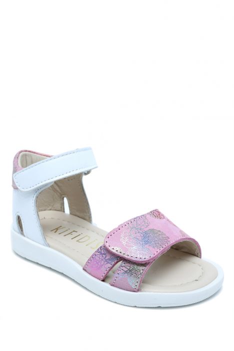 S24V032 Kifidis-Kids Kız Çocuk Deri Sandalet 21-25 Pembe Desenli Deri