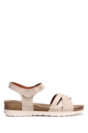 SIB0240 Kifidis-Natura Kadın Anatomik Deri Sandalet 36-41 -BT Bej/Beige