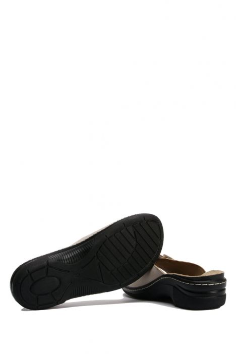 SIB140808 Kifidis-Natura Kadın Çiçekli Anatomik Deri Terlik 36-41 -BT Bej / Beige