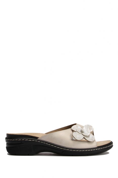 SIB140808 Kifidis-Natura Kadın Çiçekli Anatomik Deri Terlik 36-41 -BT Bej / Beige