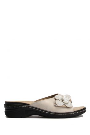 SIB140808 Kifidis-Natura Kadın Çiçekli Anatomik Deri Terlik 36-41 -BT Bej / Beige