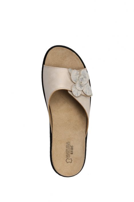 SIB140808 Kifidis-Natura Kadın Çiçekli Anatomik Deri Terlik 36-41 -BT Bej / Beige