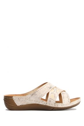 SIB151316 Kifidis-Natura Kadın Anatomik Deri Terlik 36-41 -BT Altın/Gold