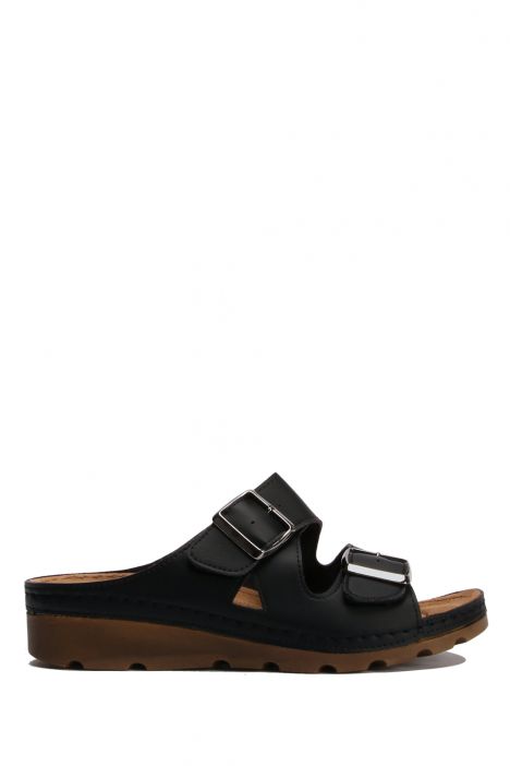 SIB160117 Kifidis-Natura Kadın Tokalı Anatomik Deri Terlik 36-41 Siyah / Black