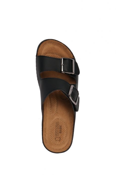 SIB160117 Kifidis-Natura Kadın Tokalı Anatomik Deri Terlik 36-41 Siyah / Black