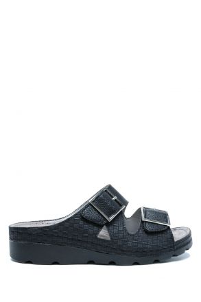 SIB160117-V2 Kifidis-Natura Kadın Çift Bantlı Anatomik Deri Terlik 36-41 Siyah/Black