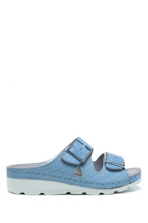 SIB160117-V2 Kifidis-Natura Kadın Çift Bantlı Anatomik Deri Terlik 36-41 Mavi/Blue