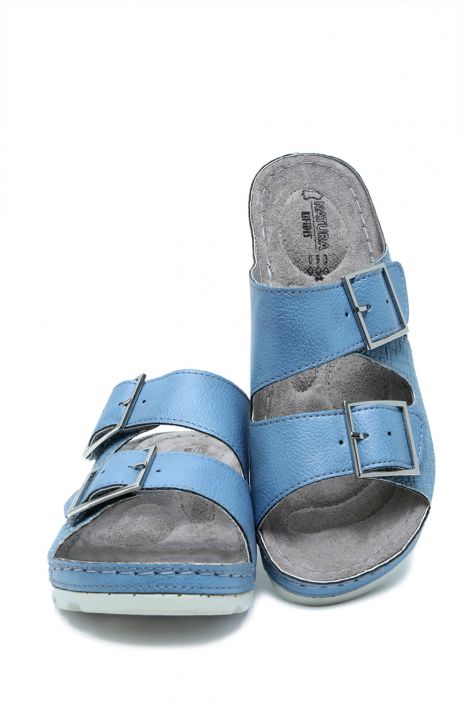 SIB160117-V2 Kifidis-Natura Kadın Çift Bantlı Anatomik Deri Terlik 36-41 Mavi/Blue