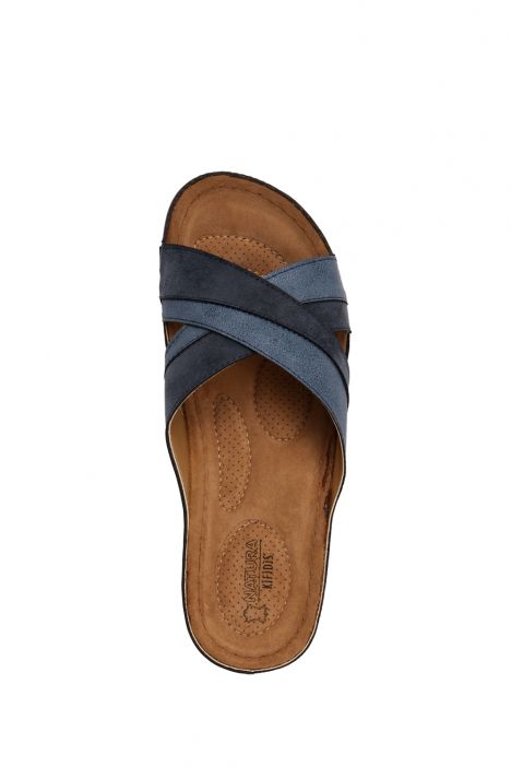 SIB160118 Kifidis-Natura Kadın Çapraz Bantlı Anatomik Deri Terlik 36-41 -BT Lacivert / Navy