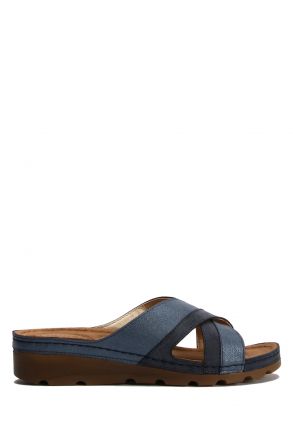 SIB160118 Kifidis-Natura Kadın Çapraz Bantlı Anatomik Deri Terlik 36-41 -BT Lacivert / Navy