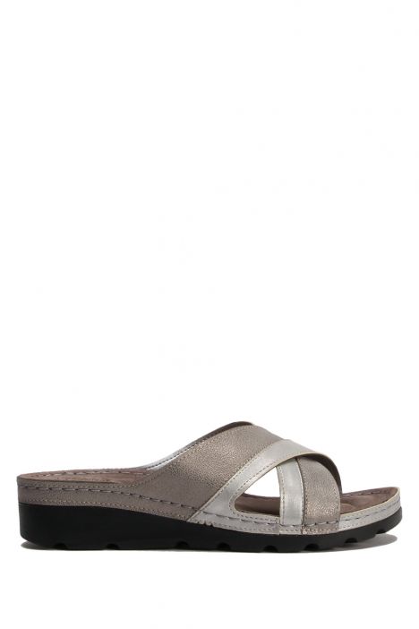 SIB160118 Kifidis-Natura Kadın Çapraz Bantlı Anatomik Deri Terlik 36-41 -BT Gri / Grey